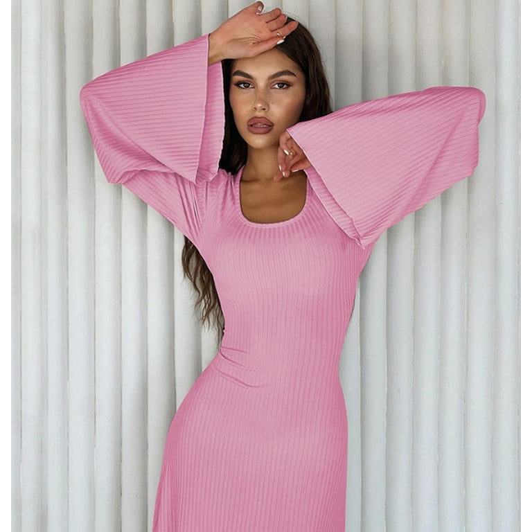 Women's Scoop Neck Lace Up Ribbed Maxi Dress Knit Flare Sleeve