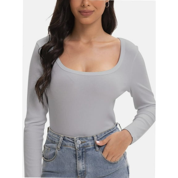 Women's Scoop Neck Long Sleeve Slim Fitted Casual Basic Crop Top