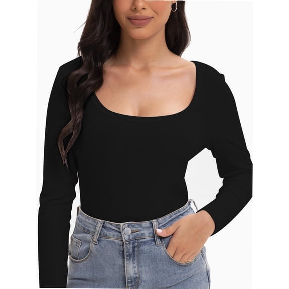 Women's Scoop Neck Long Sleeve Slim Fitted Casual Basic Crop Top