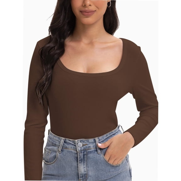 Women's Scoop Neck Long Sleeve Slim Fitted Casual Basic Crop Top