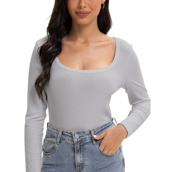 Women's Scoop Neck Long Sleeve Slim Fitted Casual Basic Crop Top