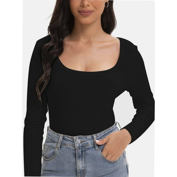 Women's Scoop Neck Long Sleeve Slim Fitted Casual Basic Crop Top