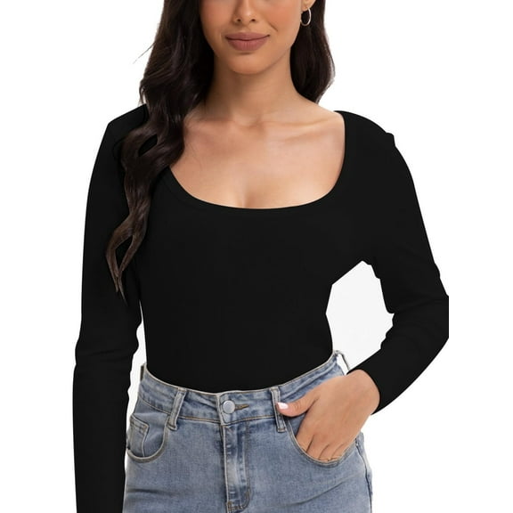 Women's Scoop Neck Long Sleeve Slim Fitted Casual Basic Crop Top