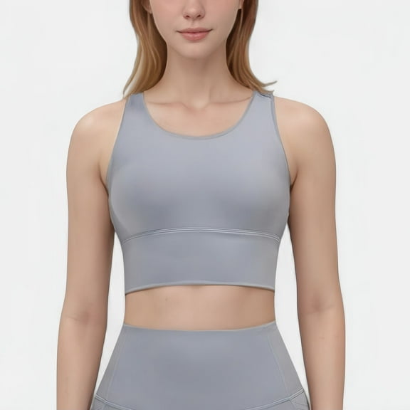 Women's Scoop Neck Longline Sports Bra with Wide Shoulder Straps and Deep V-Back Design - Large, Gray