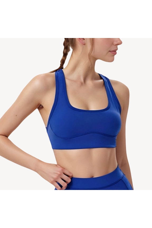 Women's Scoop Neck Racerback Sports Bra with Wide Straps and Seamless Underbust Design - Large, Blue
