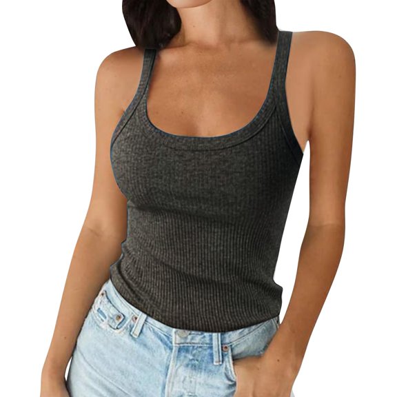 Women's Scoop Neck Ribbed Sleeveless Tank Top, Stretchy Casual Shirt for Workout or Everyday Summer Wear,Dark Gray XS