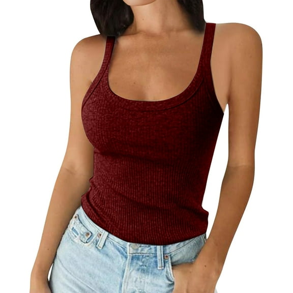 Women's Scoop Neck Ribbed Sleeveless Tank Top, Stretchy Casual Shirt for Workout or Everyday Summer Wear,Dark Purple XS