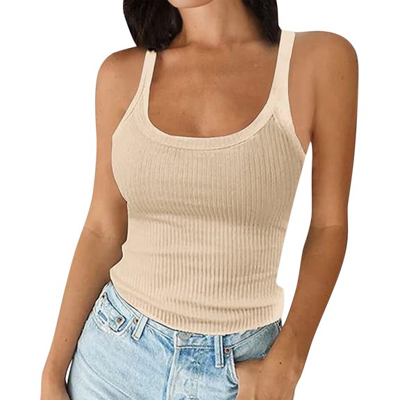 Women's Scoop Neck Ribbed Sleeveless Tank Top, Stretchy Casual Shirt for Workout or Everyday Summer Wear,Khaki S