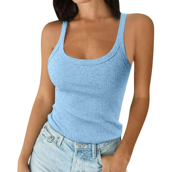 Women's Scoop Neck Ribbed Sleeveless Tank Top, Stretchy Casual Shirt for Workout or Everyday Summer Wear,Light Blue XS