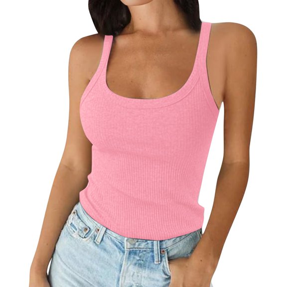 Women's Scoop Neck Ribbed Sleeveless Tank Top, Stretchy Casual Shirt for Workout or Everyday Summer Wear,Pink XS
