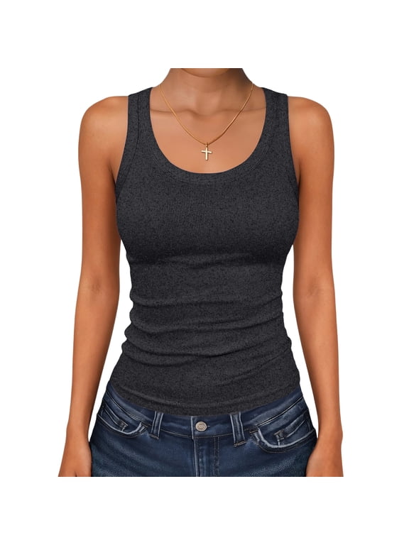 Women's Scoop Neck Ribbed Tank Top Basic Sleeveless Racerback Tops Summer Trendy Slim Fit Shirts 2026 Dark Gray 2XL
