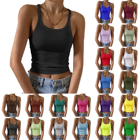 Women's Scoop Neck Ribbed Tank Top, Slim Fit Sleeveless Basic Crop Cami Layering Tops Yellow S