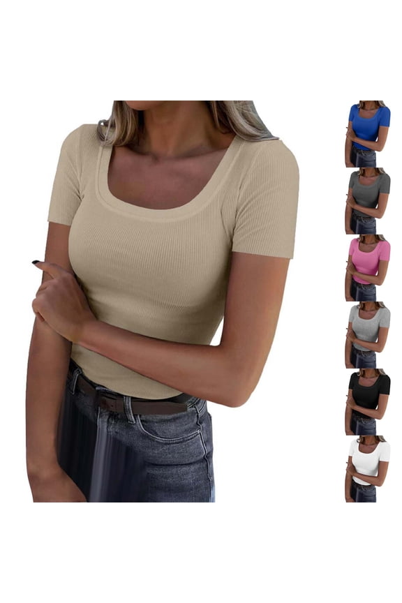 Women Short Sleeve Scoop Neck Ribbed Knit Fitted Casual Tee Summer Slim Basic Top