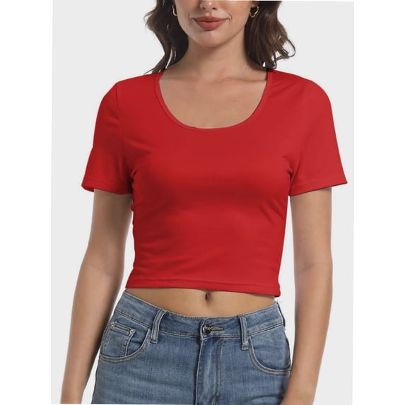 Women's Scoop Neck Short Sleeve Crop Tops Slim Fit T-Shirts