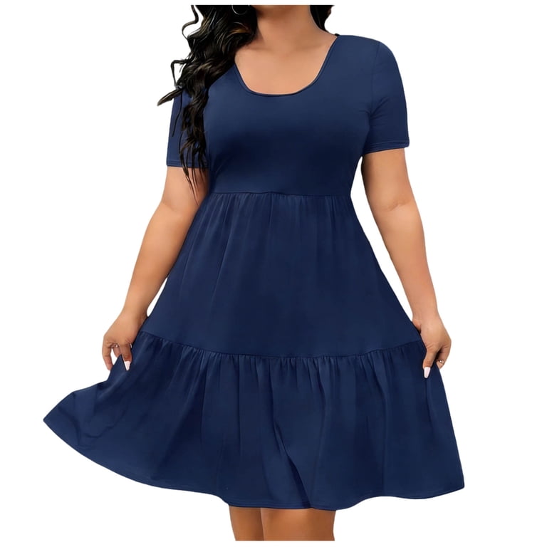 blue skater dress plus size Women's Scoop Neck Short Sleeve Casual Ruffle A Line Loose Fit Mid Dresses Navy Size:24 months