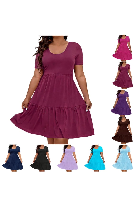 Women's Scoop Neck Short Sleeve Skater Dress Casual Plus Size Ruffle A Line Loose Fit Mid Dresses Watermelon Red