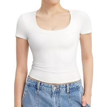 Women's Scoop Neck Short Sleeve T Shirt Slim Fit Sexy Tops