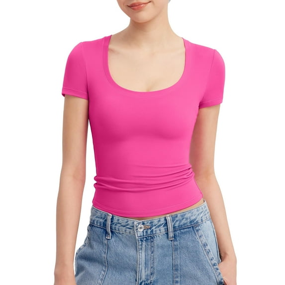 Women's Scoop Neck Short Sleeve T Shirt Slim Fit Sexy Tops