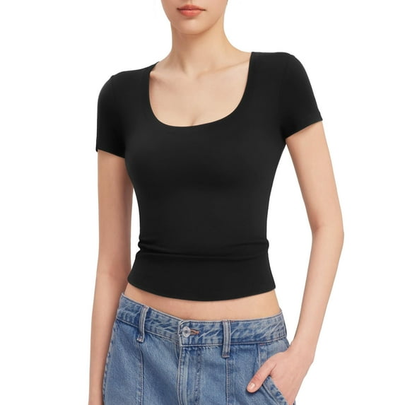 Women's Scoop Neck Short Sleeve T Shirt Slim Fit Sexy Tops