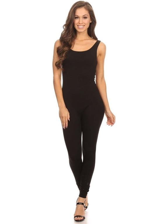 Women's Scoop Neck Sleeveless Stretch Cotton One Piece Jumpsuits Unitard Bodysuits(&Plus) (Large, Black_Seller)