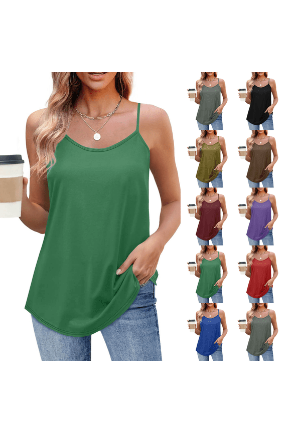 Women's Scoop Neck Spaghetti Strap Tank Tops Soft Curved Hem Loose Sleeveless Camisole Tops Basic Casual Layering Cami Shirts Dark Green S
