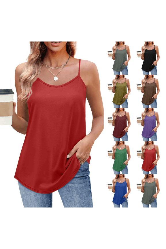 Women's Scoop Neck Spaghetti Strap Tank Tops Soft Curved Hem Loose Sleeveless Camisole Tops Basic Casual Layering Cami Shirts Vermilion M