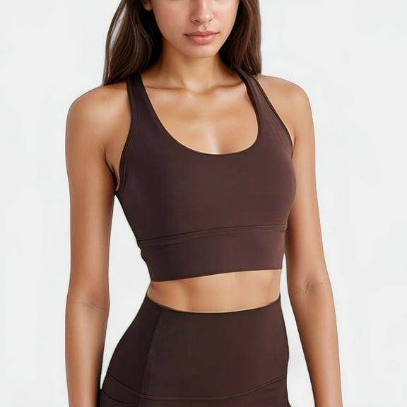 Women's Scoop Neck Sports Bra Top with Wide Straps and Soft Stretch Fit - Large, Brown