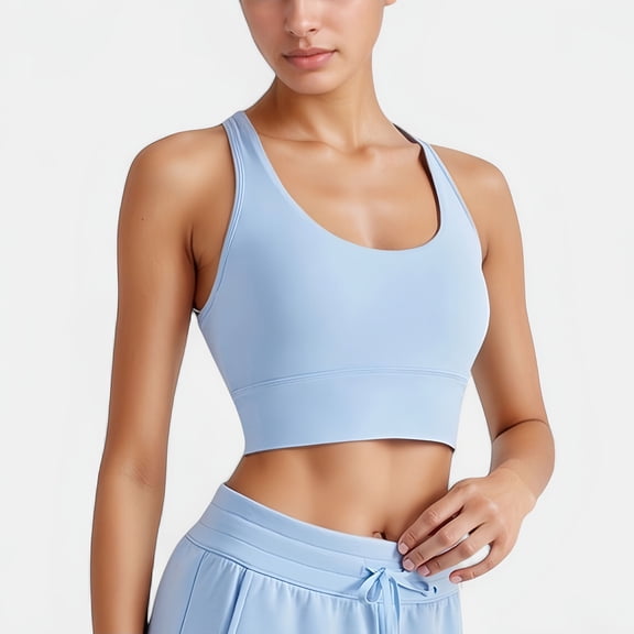 Women's Scoop Neck Sports Bra Top with Wide Straps and Soft Stretch Fit - Large, Light Blue