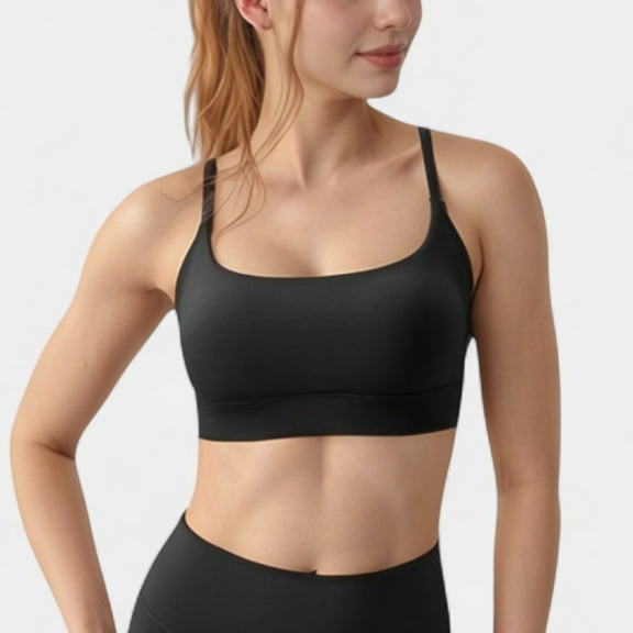 Women's Scoop Neck Sports Bra with Adjustable Spaghetti Straps Removable Padding - Medium, Black