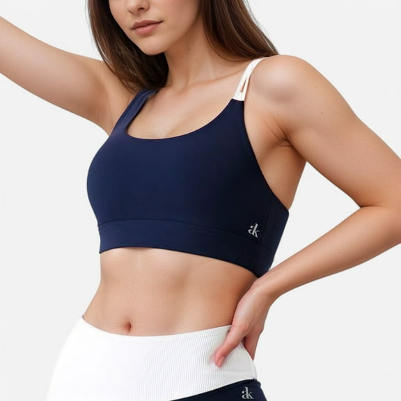 Women's Scoop Neck Sports Bra with Double Strap Design - Large, Navy