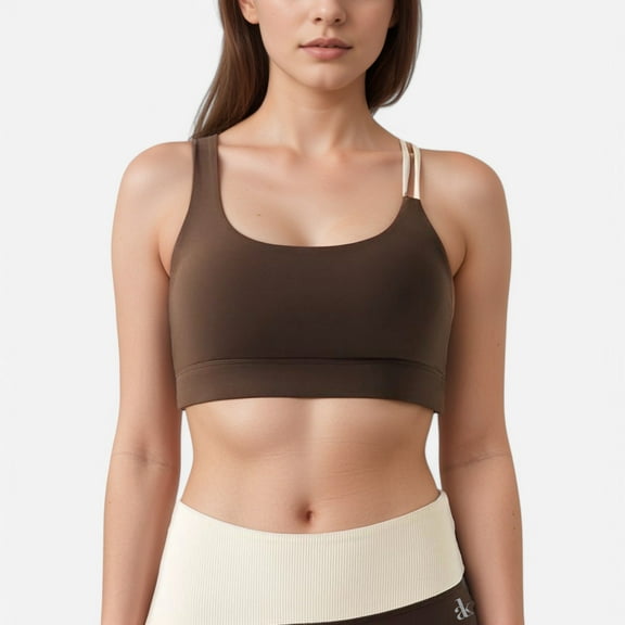 Women's Scoop Neck Sports Bra with Double Strap Design - Medium, Brown
