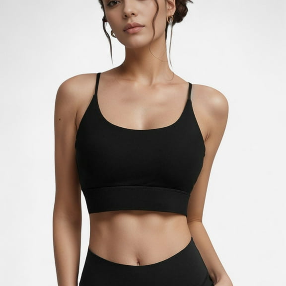Women's Scoop Neck Sports Bra with Thin Adjustable Straps and Wide Elastic Band for Comfortable Light Support - Medium, Black