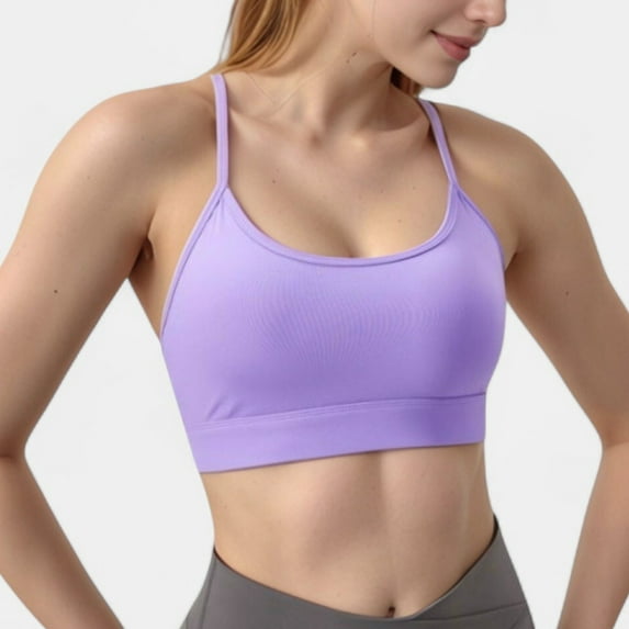 Women's Scoop Neck Sports Bra with Thin Straps Smooth Stretch Fabric Removable Pads Low Impact Support - Small, Purple