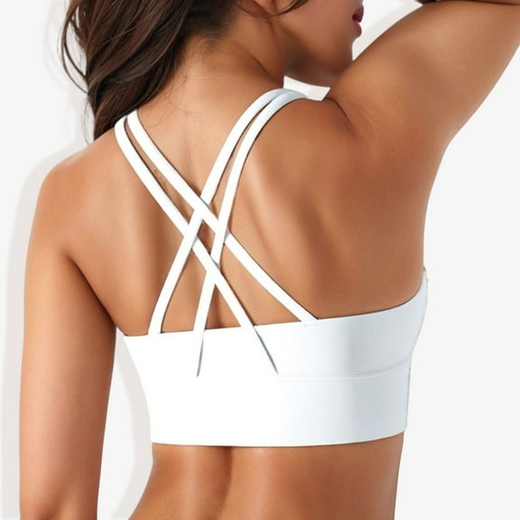 Women's Scoop Neck Stretchy Cropped Banded Criss Cross Back Sports Bra-Large, White
