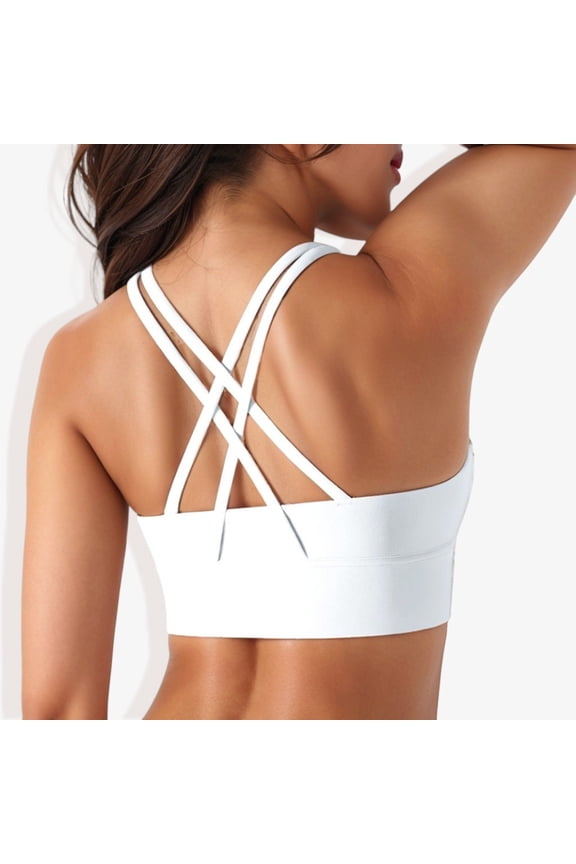 Women's Scoop Neck Stretchy Cropped Banded Criss Cross Back Sports Bra-Large, White