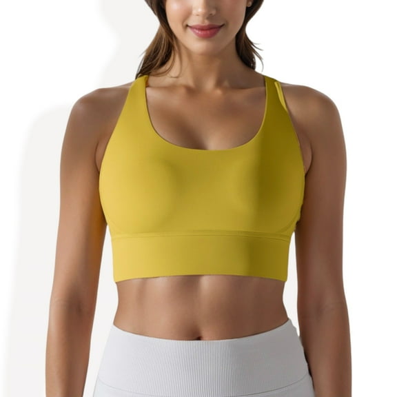 Women's Scoop Neck Stretchy Cropped Banded Criss Cross Back Sports Bra- Large, Yellow