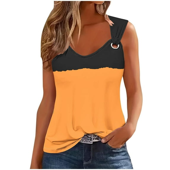 Women's Scoop Neck Tank Tops 2024 Slim Fit Y2K Color Block Sleeveless Cami Shirts Trendy Blouse Summer Casual Vest