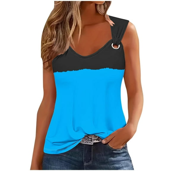 Women's Scoop Neck Tank Tops 2024 Slim Fit Y2K Color Block Sleeveless Cami Shirts Trendy Blouse Summer Casual Vest