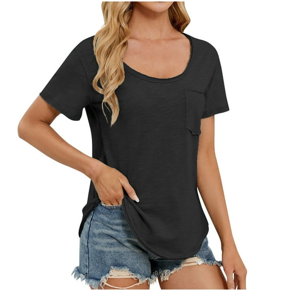 Women's Scoop Neck Tops with Pocket Cotton Casual Short Sleeve T Shirts Solid Color Summer Trendy Basic Blouses (L, Black)