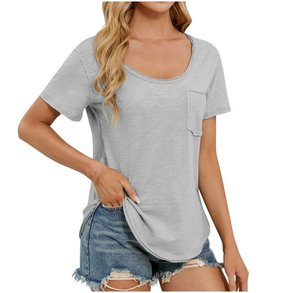 Women's Scoop Neck Tops with Pocket Cotton Casual Short Sleeve T Shirts Solid Color Summer Trendy Basic Blouses (XL, Gray)