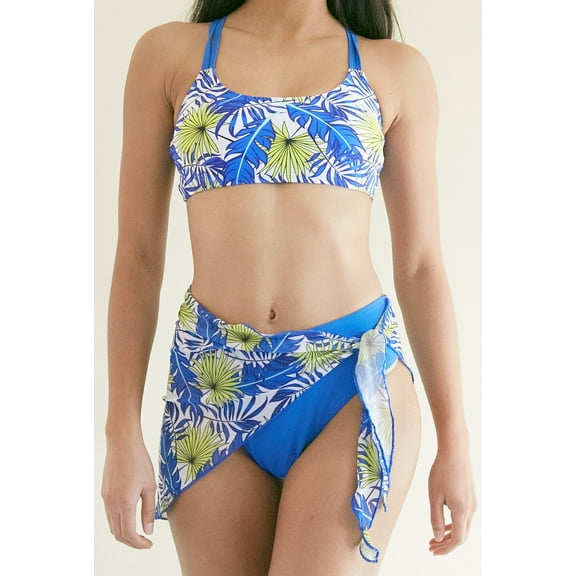 Women's Scoop Neck Tropical High Waist Bikini Swimsuit with Cover Up, Green