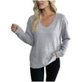 thumbnail image 1 of Women's Scoop V Neck Sweaters Solid Color Long Sleeve Lightweight Knitted Pullovers Casual Loose Fit Outfits Clothes, 1 of 4