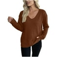 thumbnail image 1 of Women's Scoop V Neck Sweaters Solid Color Long Sleeve Lightweight Knitted Pullovers Casual Loose Fit Outfits Clothes, 1 of 4