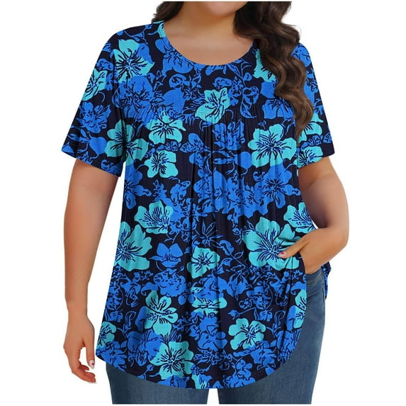 Women's Scooped Neck Summer Tops Pleated Trends T-Shirts Floral Print Tees Plus Size Blouses Loose Fitted Tee Oversized Tunic Tops Casual Loose Pullover Shirts