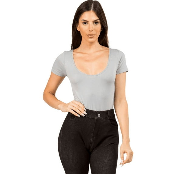 Women's Scoopneck Short Sleeve Seamless Bodysuit, Gray