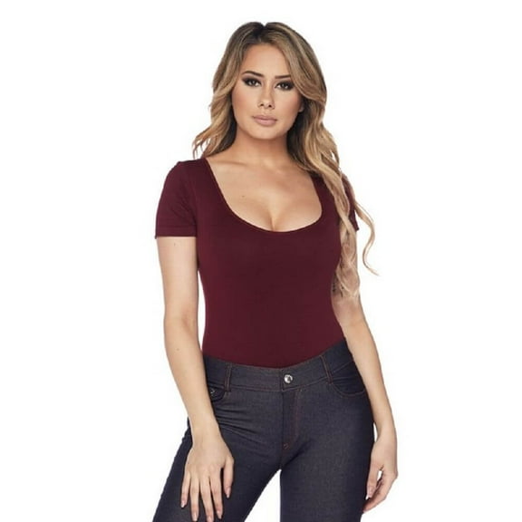 Women's Scoopneck Short Sleeve Seamless Bodysuit, Wine Red