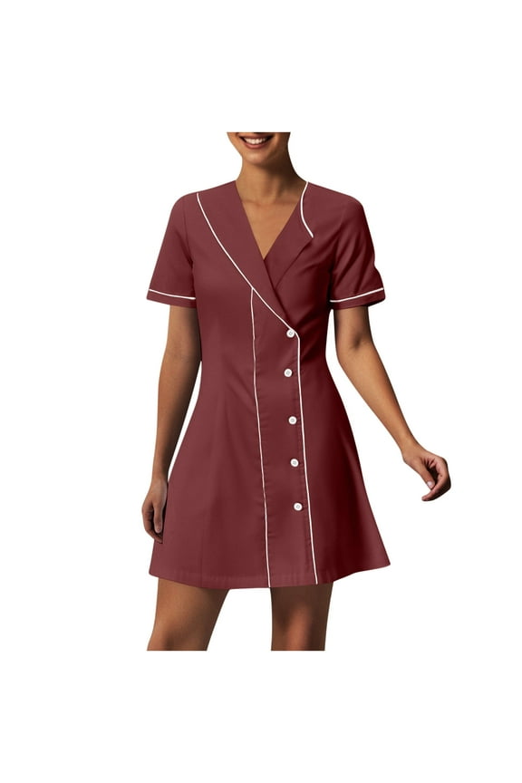 Women's Scrub Dress Mock Wrap V Neck Front-Button Nursing Uniform Summer Breathable Quick Dry Workwear Utility Suit for Housekeeping Maid Service Spa Clinic