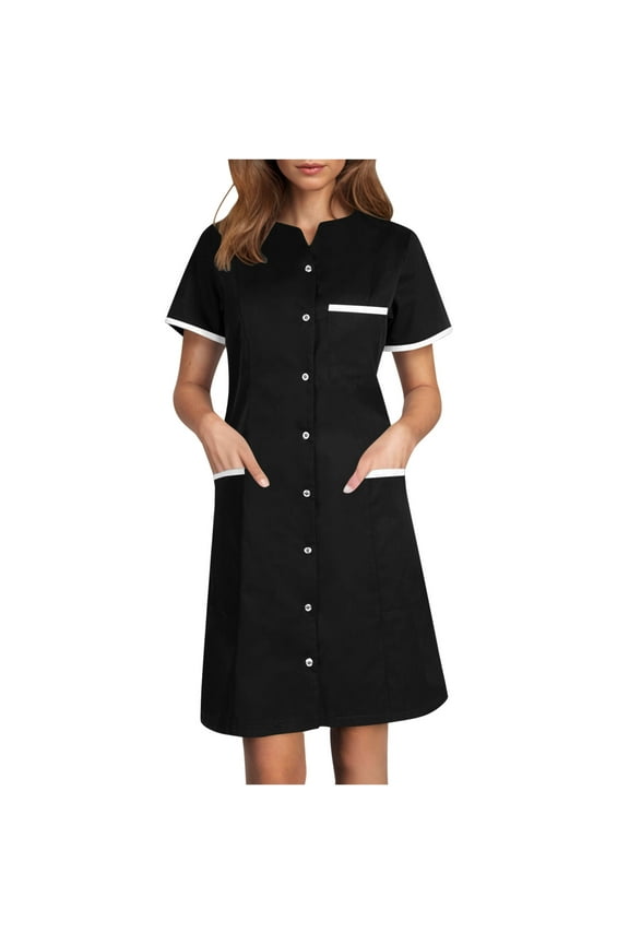Women's Scrub Dress Notched V Neck Button Front Short Sleeve Housekeeping Uniform Utility Quick Dry Durable Clinic Workwear with 3 Pockets for Dental Nursing & Spa