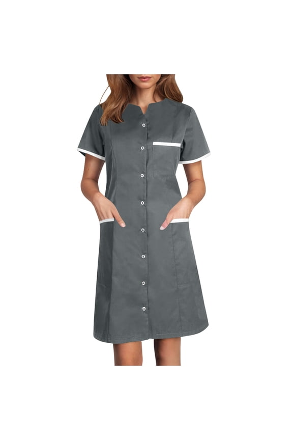 Women's Scrub Dress Notched V Neck Button Front Short Sleeve Housekeeping Uniform Utility Quick Dry Durable Clinic Workwear with 3 Pockets for Dental Nursing & Spa