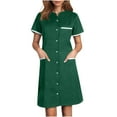 thumbnail image 1 of Women's Scrub Dress V Neck Button Front Short Sleeve Housekeeping & Nursing Uniform Color Block Quick Dry Wrinkle-Free Clinic Workwear Dress with 3 Pockets for Spa Service, 1 of 6